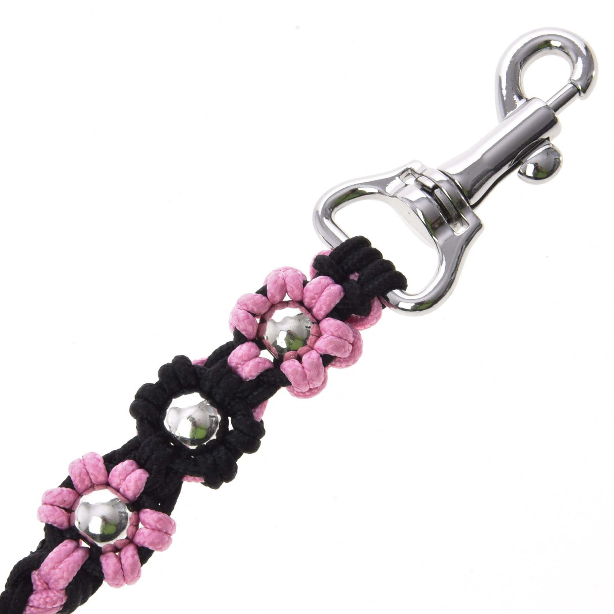 Knotted pink and black flowers with silver beads beside the swivel snap hook of the Hobby Horse Lead Rope Bloom Pink