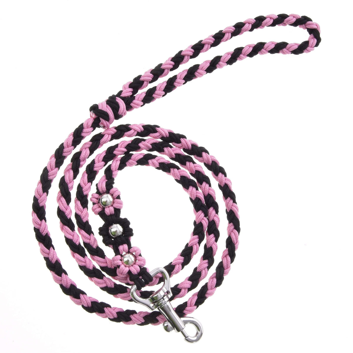 LarDen Hobby Horse Lead Rope Bloom Pink, a braided pink and black paracord lead with flower knots and a silver snap hook