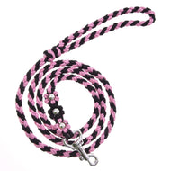 LarDen Hobby Horse Lead Rope Bloom Pink, a braided pink and black paracord lead with flower knots and a silver snap hook