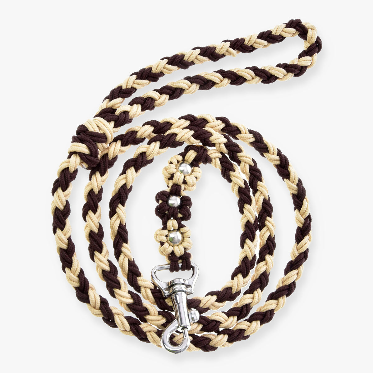 LarDen Hobby Horse Lead Rope Bloom Brown, a braided brown and beige paracord lead with flower knots and silver snap hook