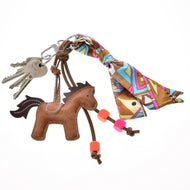 Hobby Horse Keychain Horse Brown by LarDen: brown horse charm with dark mane, orange and pink beads and a colourful scarf