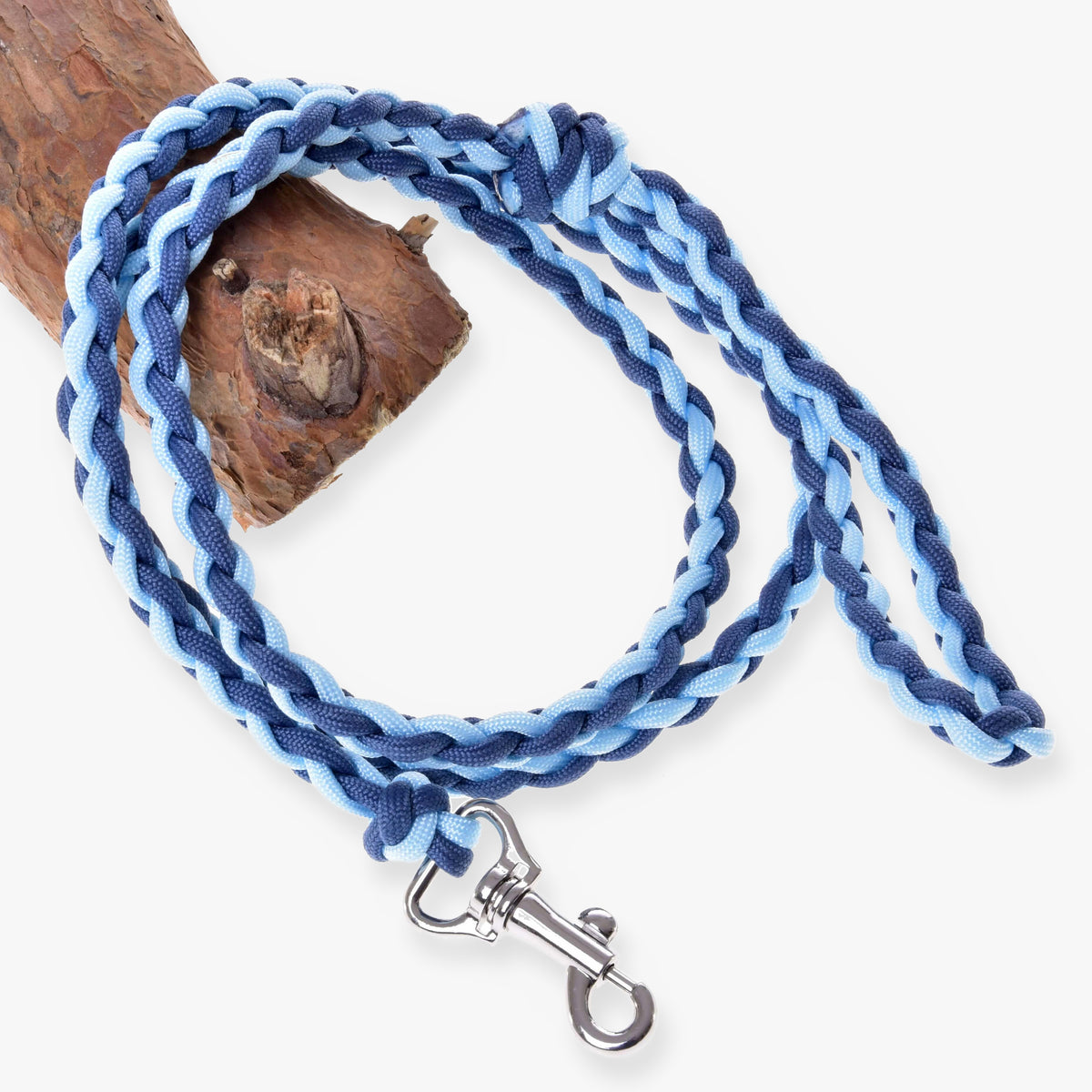 LarDen Hobby Horse Knitted Lead Rope Double Blue, braided paracord lead in dark and light blue with a silver snap hook