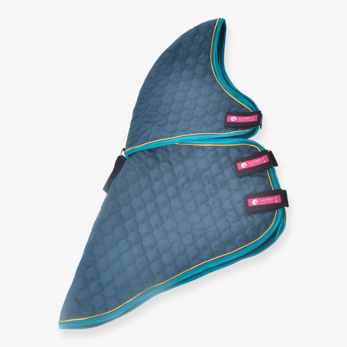 Hobby Horse Blanket with removable neck cover Lagoon by LarDen, dark teal quilted with turquoise binding and gold piping