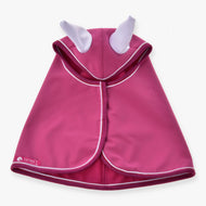 Hobby Horse Raincoat LarDen opened out from above, raspberry pink with white ears, white piping and a pink fleece lining