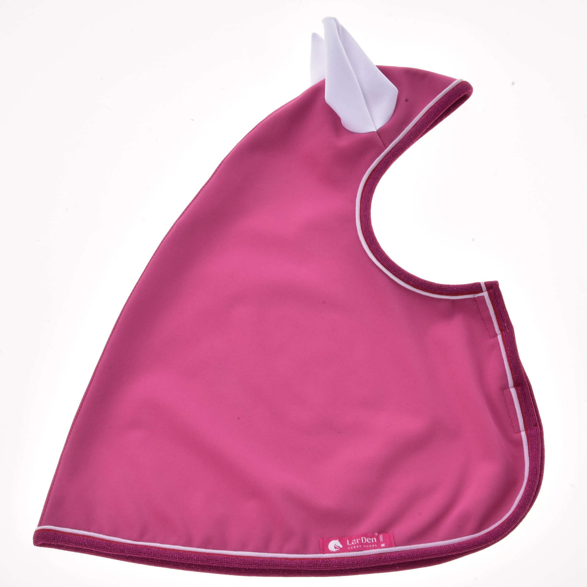 Hobby Horse Raincoat LarDen laid flat, raspberry pink fabric with a white ear, white piping, sparkly binding and pink label