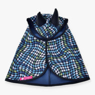 Hobby Horse Raincoat Lara by LarDen from above, wavy houndstooth in blue, green and white with black ears and binding