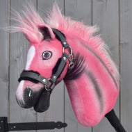 Hobby Horse LarDen Pinkie with a glittery halter: pink plush head with black shading, white blaze and pink and white mane