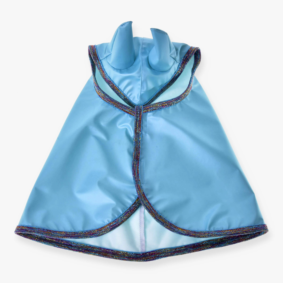 Hobby Horse Raincoat Light Blue by LarDen from above, glossy light blue with matching ears, rainbow glitter binding and mint lining