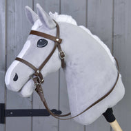 Complete bridle with noseband Brown by LarDen with long reins on a grey Hobby Horse with white blaze and mane