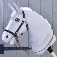 Grey plush Hobby Horse with a black nylon halter and brown rubberized reins buckled to the halter rings