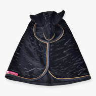 Hobby Horse Raincoat Luxury by LarDen from above, black with a glossy tonal stripe pattern, black ears and gold piping