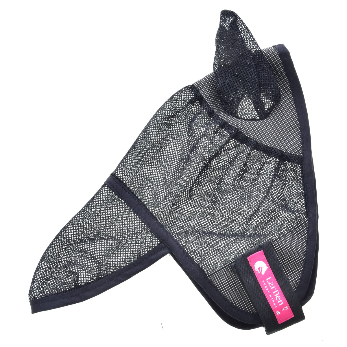 Flugmask liggande platt i svart nät med grått pannband, öronskydd av nät och en rosa LarDen-etikett på kardborrebandet