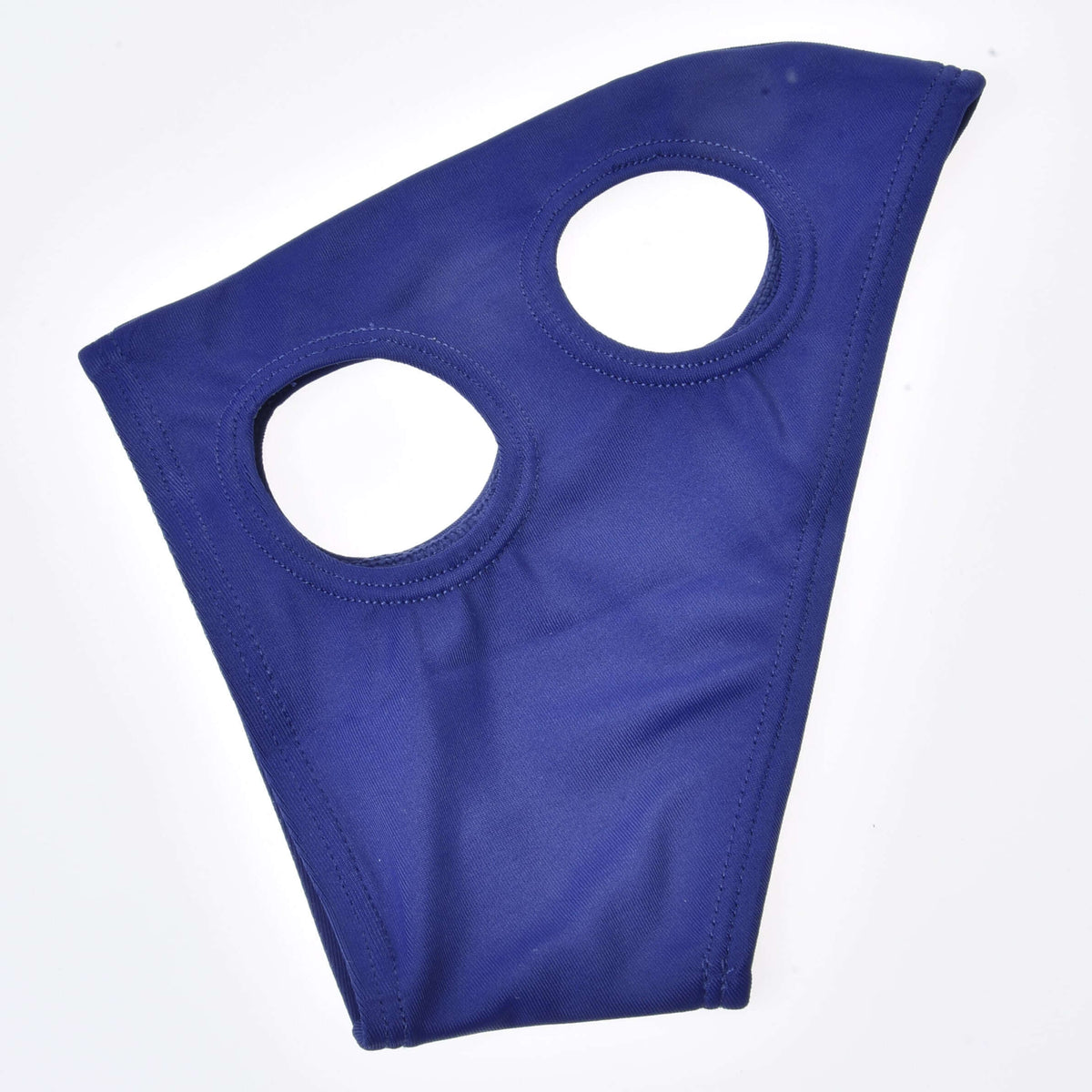Marinblå mask utan öron för Hobby Horses liggande platt, med runda sydda öppningar för ögat och örat
