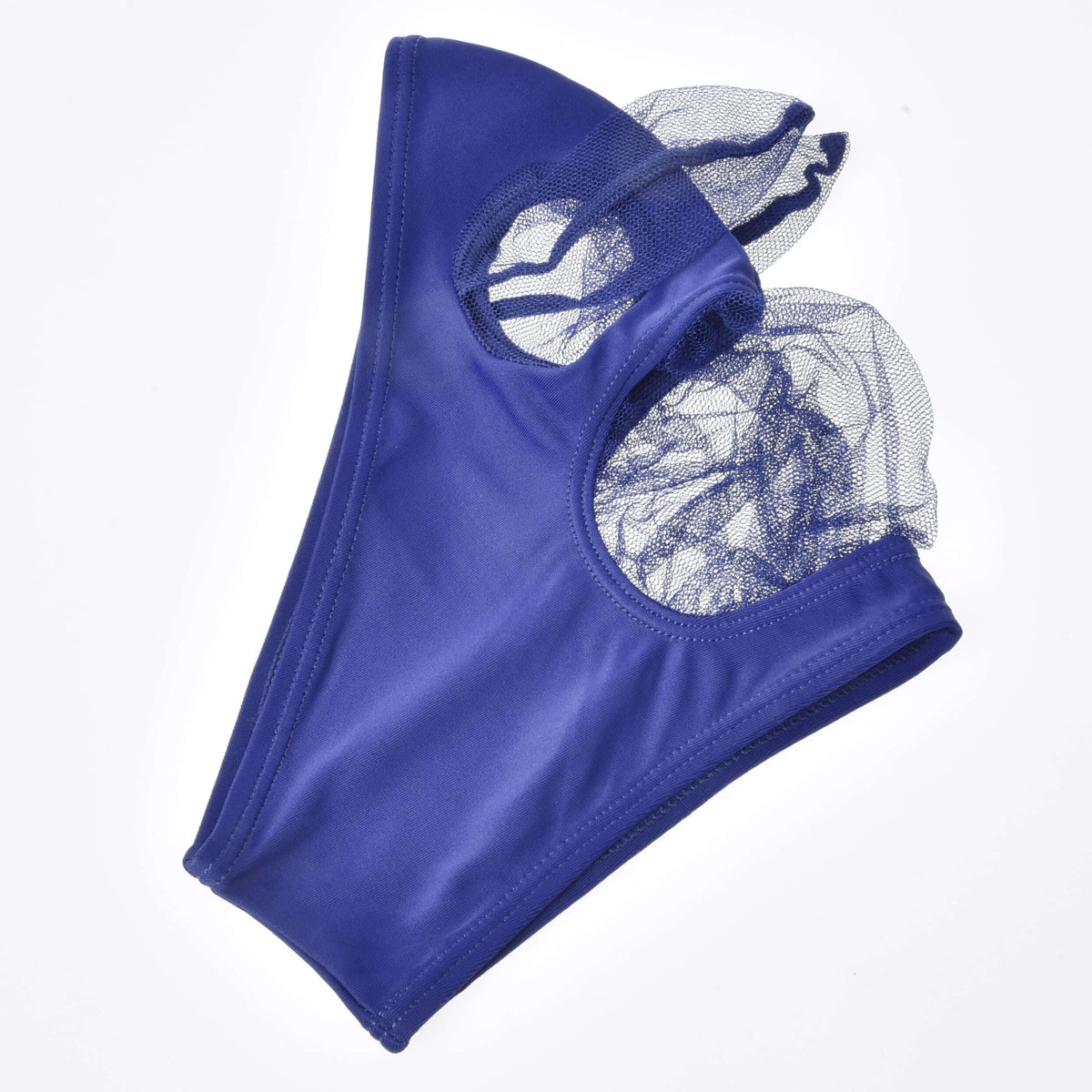 Kungsblå flugmask utlagd platt från andra sidan, öronskydd och ögonskydd av nät som buktar ut över hålen