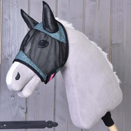 Hobby Horse Fly Mask De Luxe Turquoise by LarDen, heathered turquoise fabric with black mesh, on a grey plush head