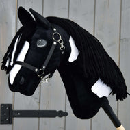 Hobby Horse Merlin with Black Halter by LarDen, black plush with a white blaze and patches and a long black yarn mane