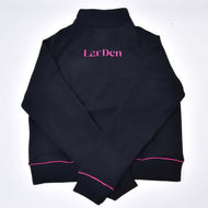 Back of the black Hobby Horse LarDen Sweatshirt laid flat, with pink lettering across the shoulders and pink-piped cuffs