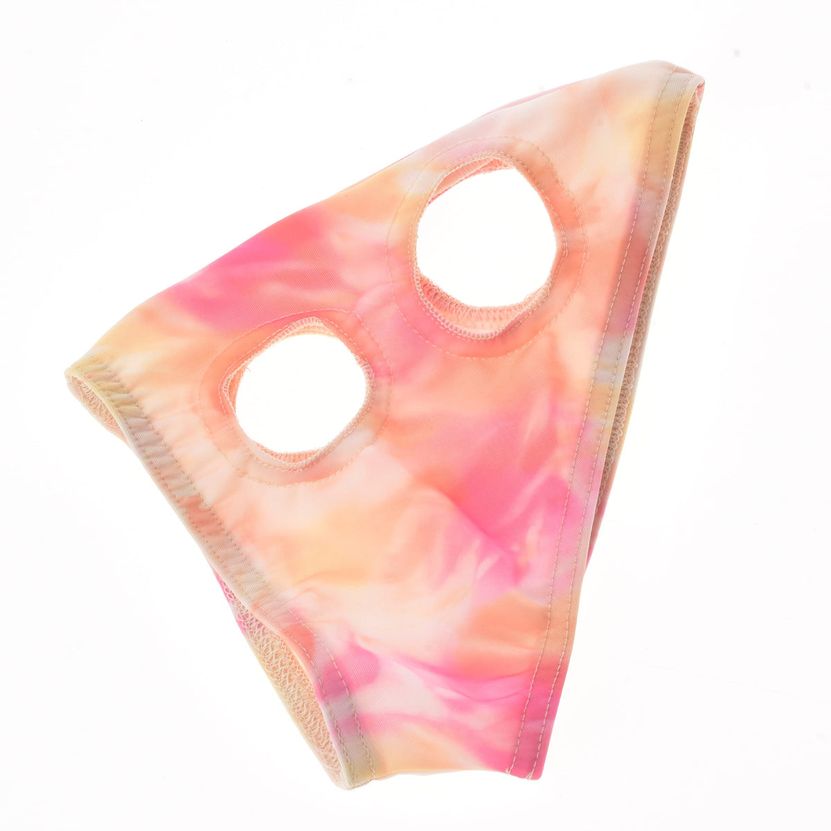 Mask utan öron Mirage till Hobby Horse liggande platt, batikmönster i pastellrosa och persika med runda öron- och ögonhål