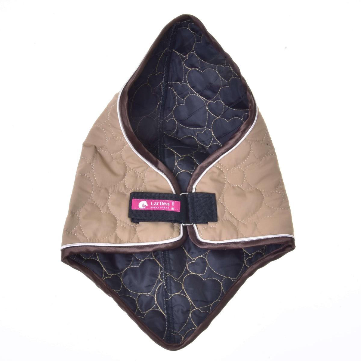 Hobby Horse Neck cover Bonanza laid open, showing the dark heart-quilted lining and Velcro strap with LarDen label