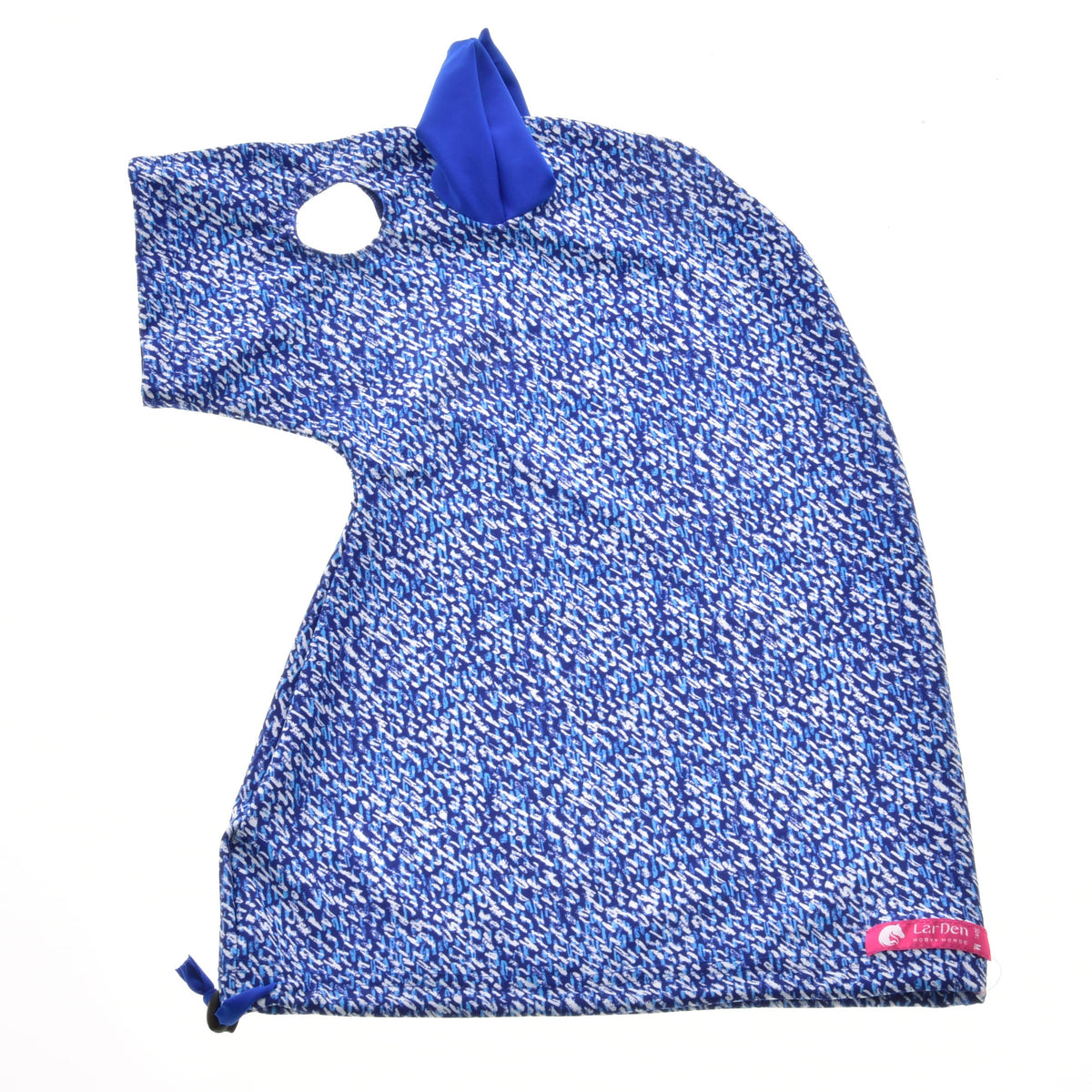 Protective suit laid flat in blue dash print with royal blue ears, an eye opening and a drawstring at the neck