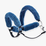 Hobby Horse Fur Halter Teddy Petrol by LarDen, covered in fluffy petrol blue faux fur with black leatherette straps