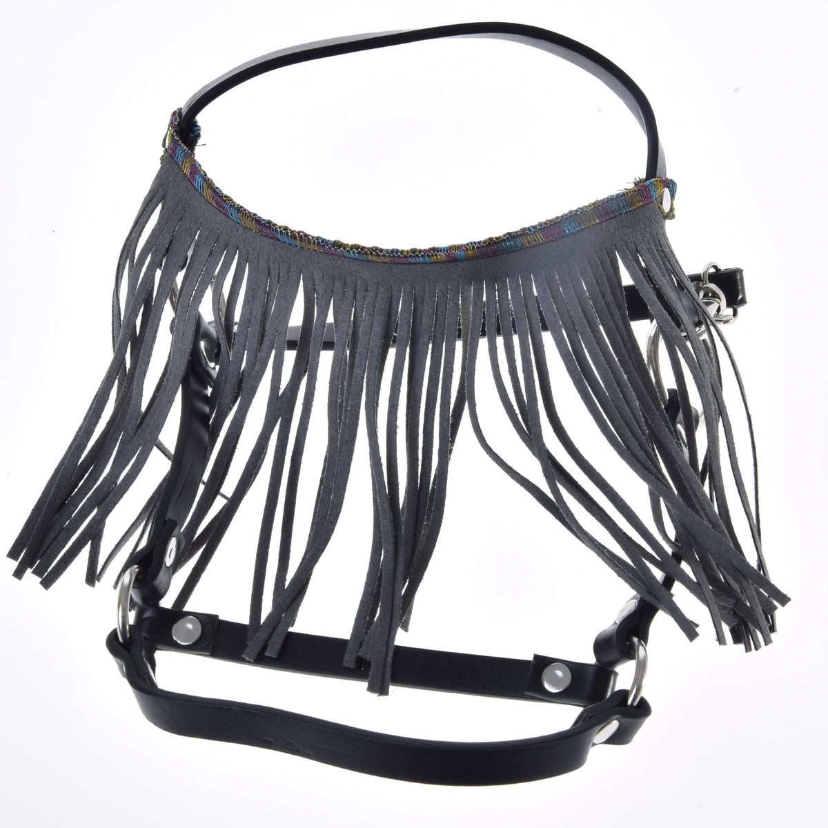 Black leatherette halter with long grey suede-look fringes and a multicoloured stitched top band, on white