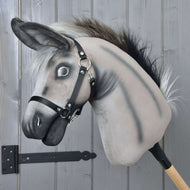 Hobby Horse Donkey Olin with Black Halter by LarDen, a grey plush donkey with long dark ears and painted shading