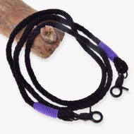 Hobby Horse Reins Basic Lila by LarDen, braided black rope reins with lilac thread wraps and black snap hooks