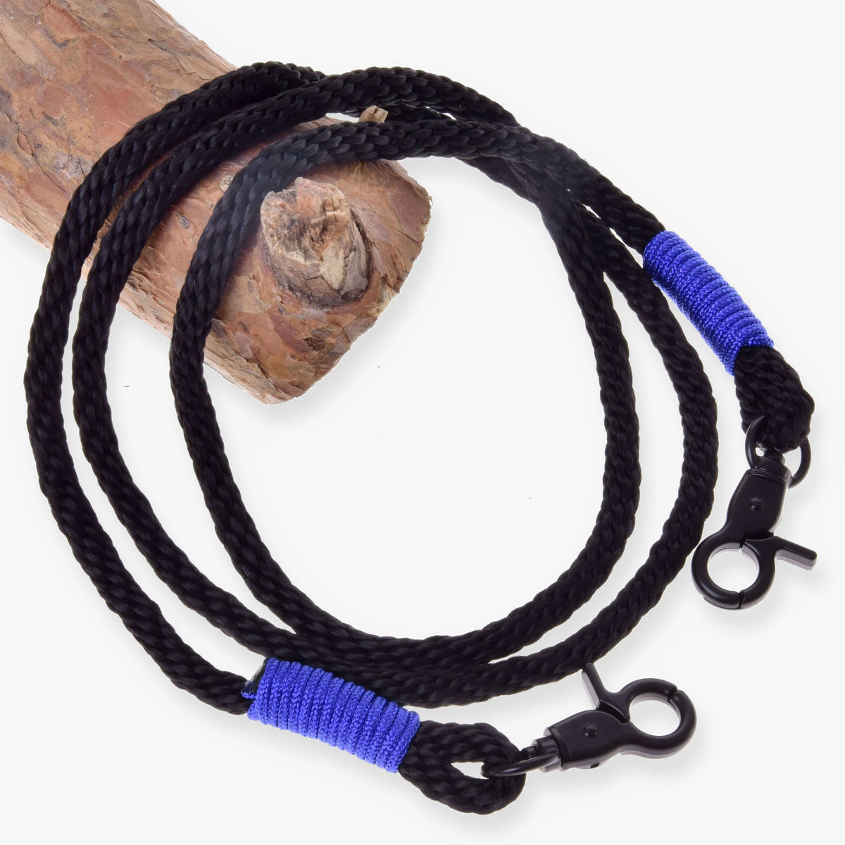 Hobby Horse Reins Basic Blue by LarDen, black braided rope reins with royal blue wraps and black snap hooks