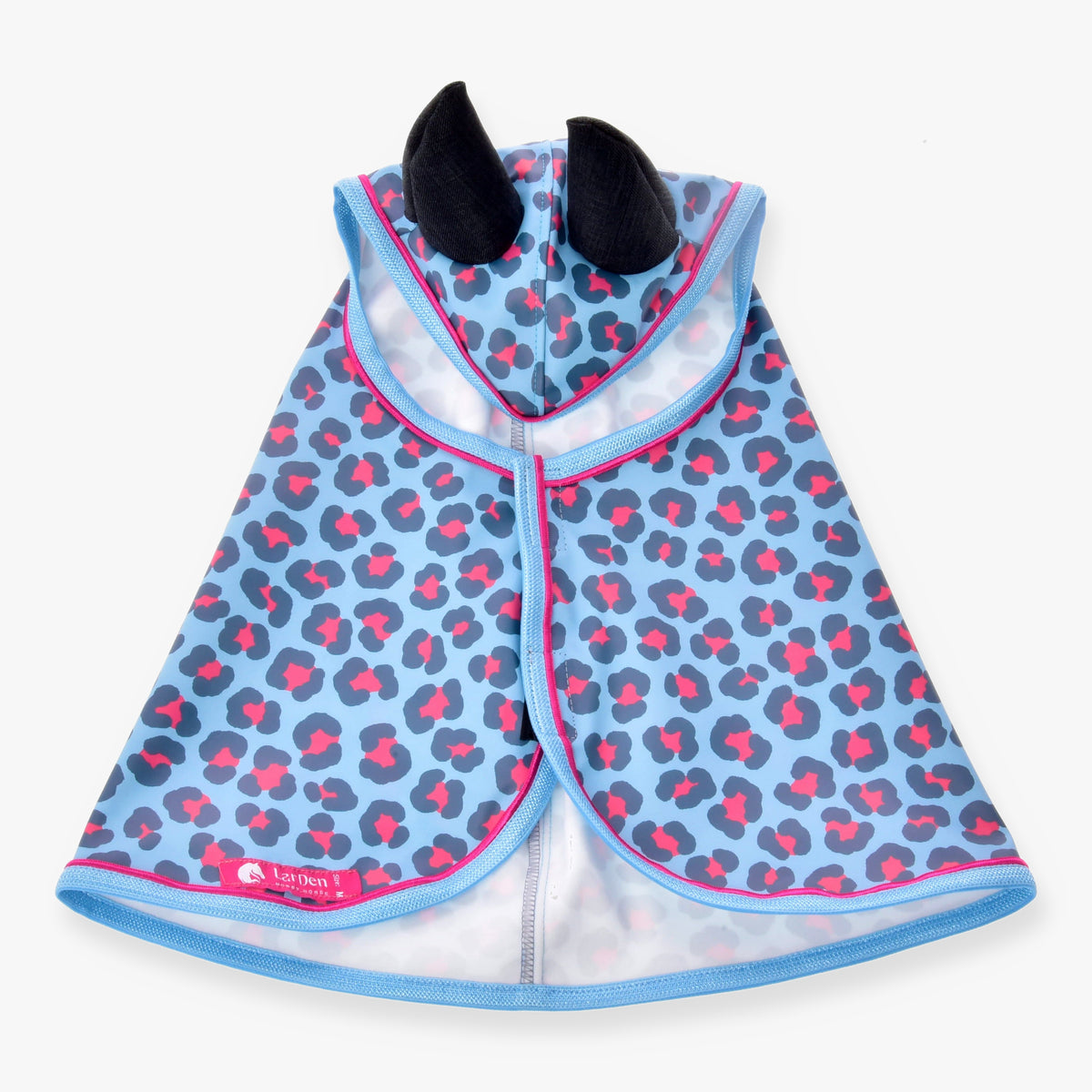Hobby Horse Raincoat Blue Leopard by LarDen from above, light blue with charcoal and pink spots, black ears and pink piping