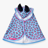 Hobby Horse Raincoat Blue Leopard by LarDen from above, light blue with charcoal and pink spots, black ears and pink piping