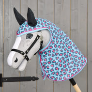 Light grey Hobby Horse in a black halter wearing the Raincoat Blue Leopard with dark ears and pink-edged light blue trim
