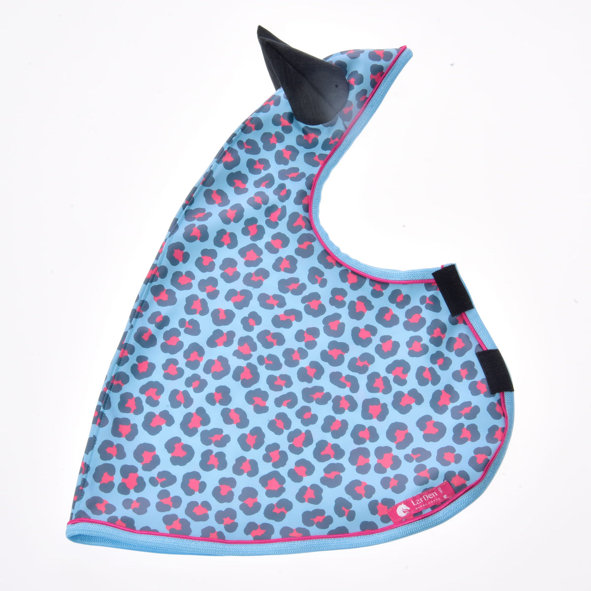 Blue leopard raincoat laid flat with a charcoal ear, Velcro chest straps, light blue trim and a pink LarDen label