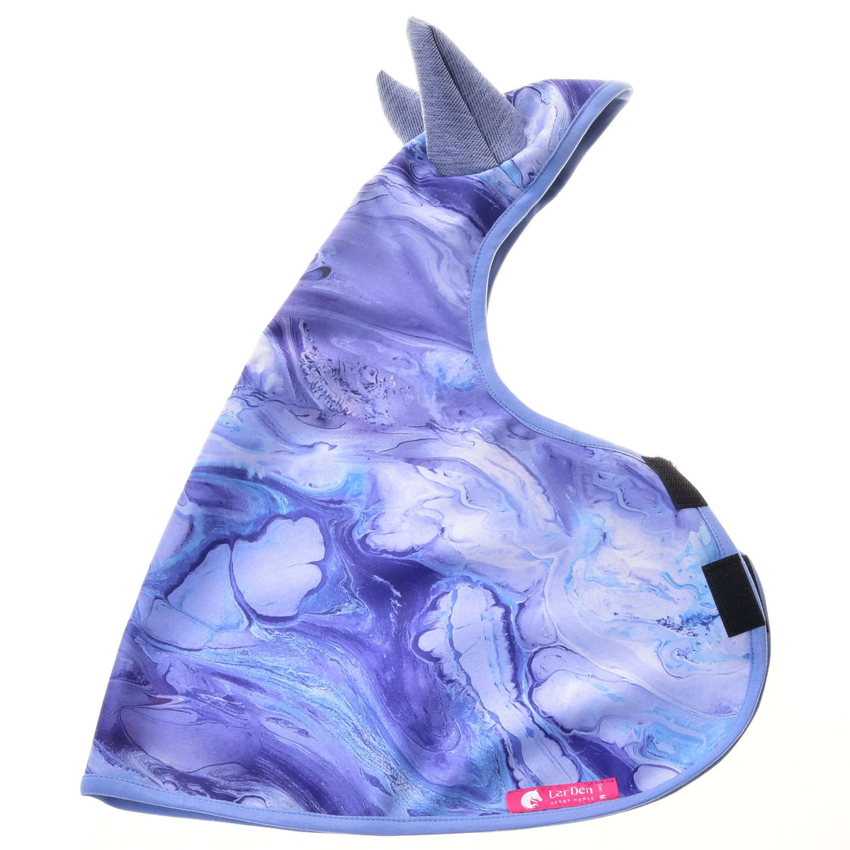 Hobby Horse Raincoat Galaxy Blue laid flat: marbled blue and purple print, light blue binding and Velcro straps