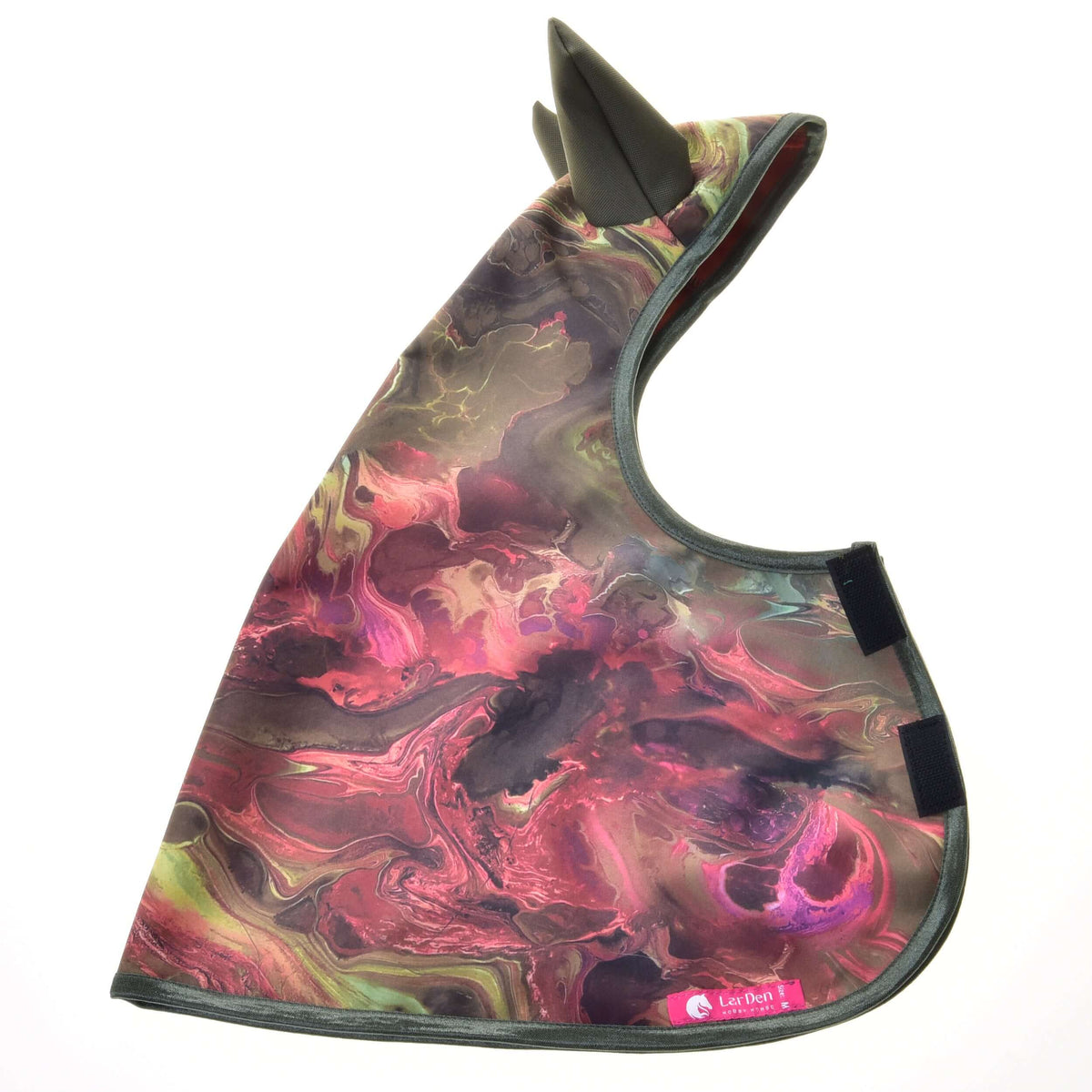 Hobby Horse raincoat laid flat in marbled pink, green and purple with olive ear covers, Velcro straps and pink LarDen label
