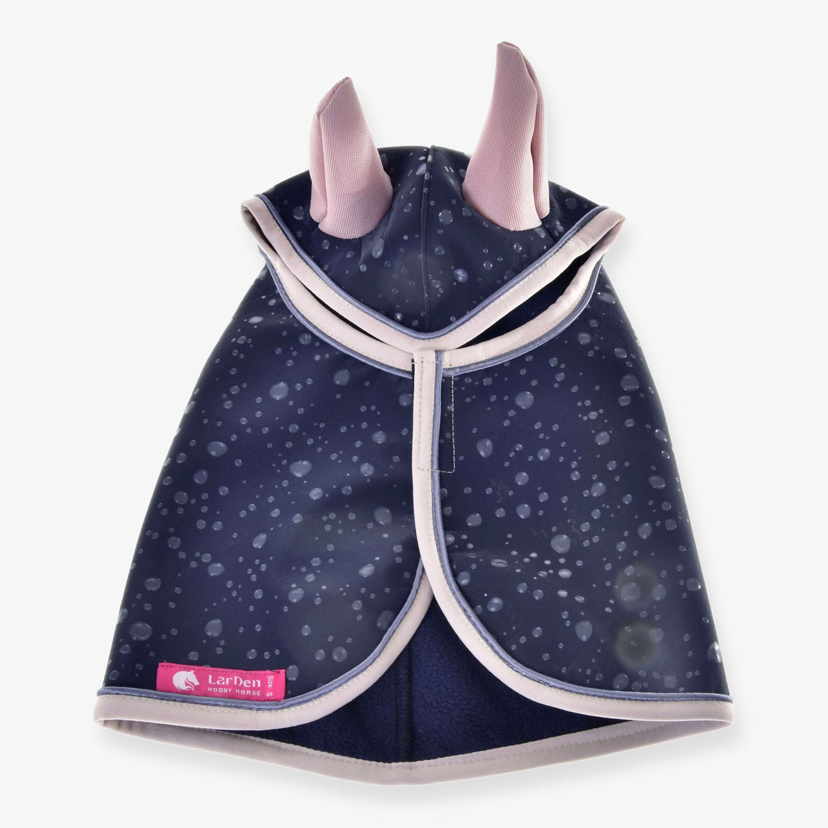 Hobby Horse regntäcke Pinkie Blue (softshell) från LarDen ovanifrån, marinblått med ljusa droppar, gammelrosa öron och puderrosa kantband