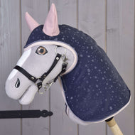 Grey Hobby Horse with amber eyes and black halter wearing the Raincoat Pinkie Blue, navy with raindrops and pink ears