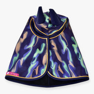 Hobby Horse Raincoat rainbow by LarDen from above, navy with flowing mint, violet and beige waves, navy ears and yellow piping