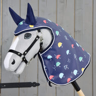 Light grey Hobby Horse in a black halter wearing the navy Raincoat Rainy with a colourful umbrella print and navy ears