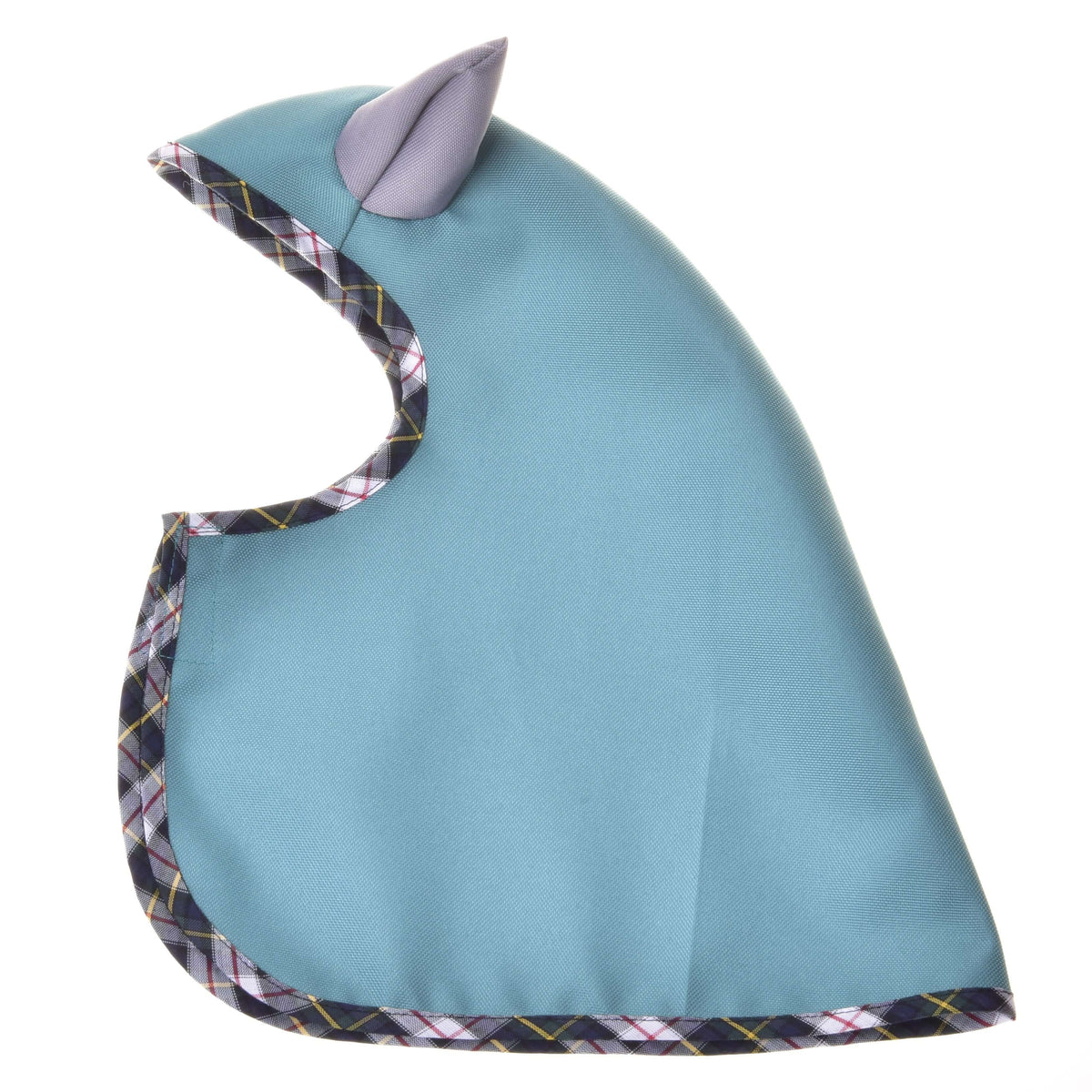 Hobby Horse Summer raincoat Emerald laid flat, sea-green with a plaid binding and a grey fabric ear