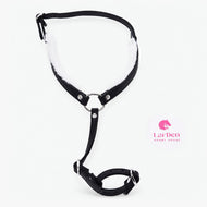Hobby Horse Breastgirth with fur Espresso by LarDen in black leatherette with white fur lining, silver ring and buckles