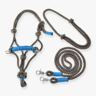 Hobby Horse Rope set Nature Blue by LarDen: taupe rope halter with blue braided noseband, neck ring and reins with blue wraps