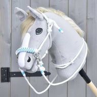 Grey Hobby Horse wearing Rope set White Queen: white rope halter with a turquoise braided noseband, reins and neck ring