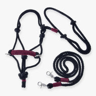 Hobby Horse Rope set Maroon by LarDen: black rope halter with maroon braided noseband, black neck ring and reins on white