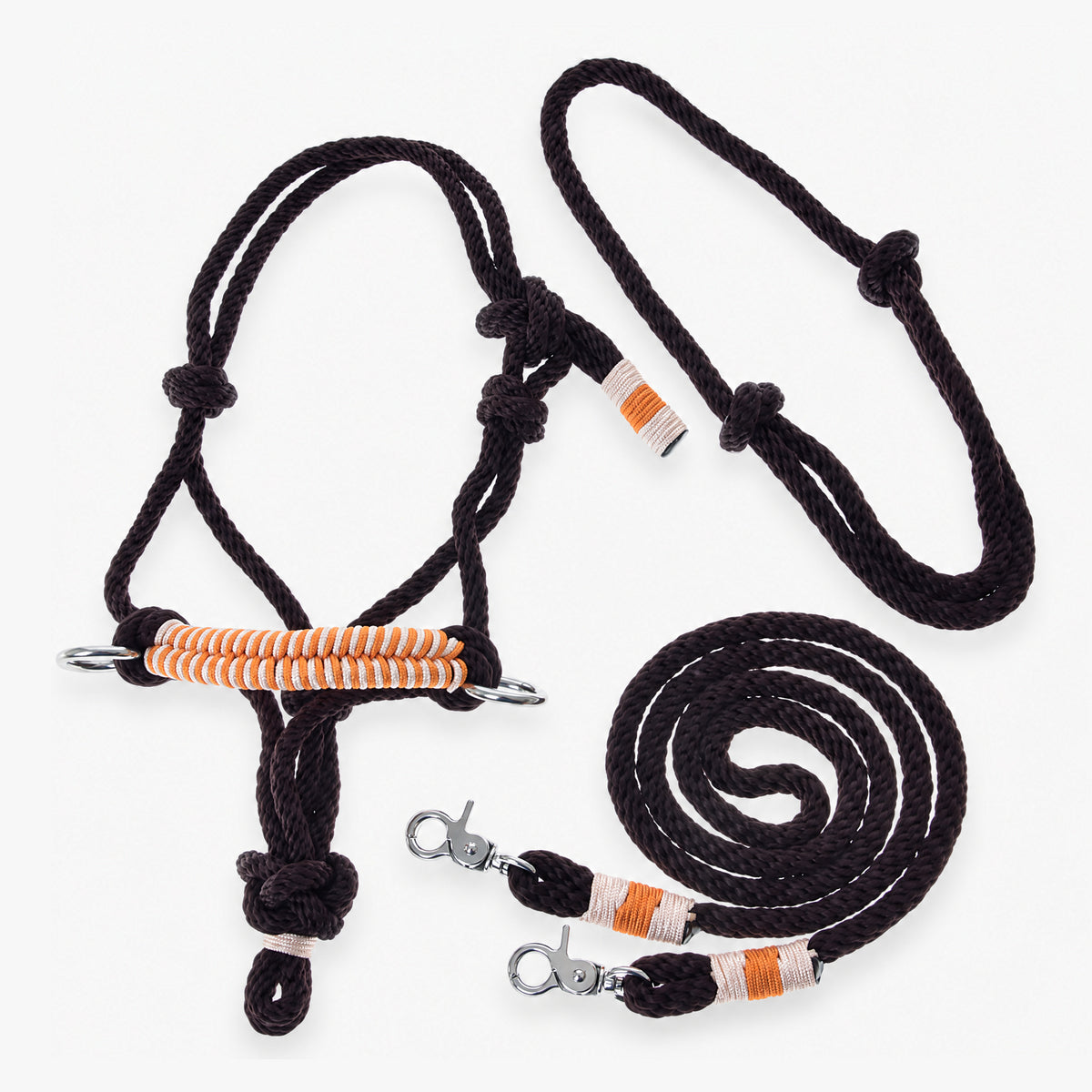 Hobby Horse Rope set Orange by LarDen: dark brown rope halter with orange and cream braided noseband, neck ring and reins
