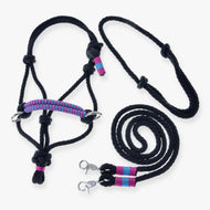 Hobby Horse Rope set Princess by LarDen: black rope halter, neck ring and reins with pink and turquoise braided accents