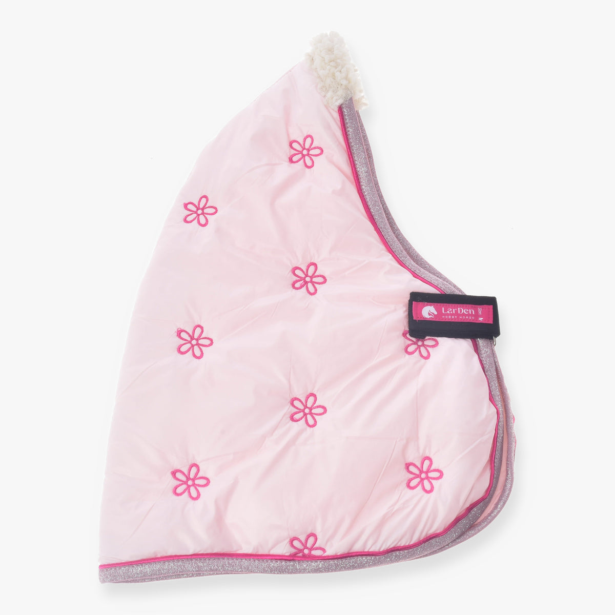 Hobby Horse stalltäcke Rosy från LarDen i ljusrosa med broderade rosa blommor, glitterkant och krämvit fleecekrage