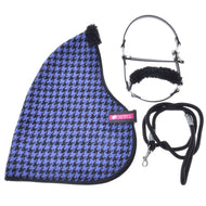 Hobby Horse Set Harmony Blue by LarDen: blue and black houndstooth blanket, black lead rope and black halter with fur