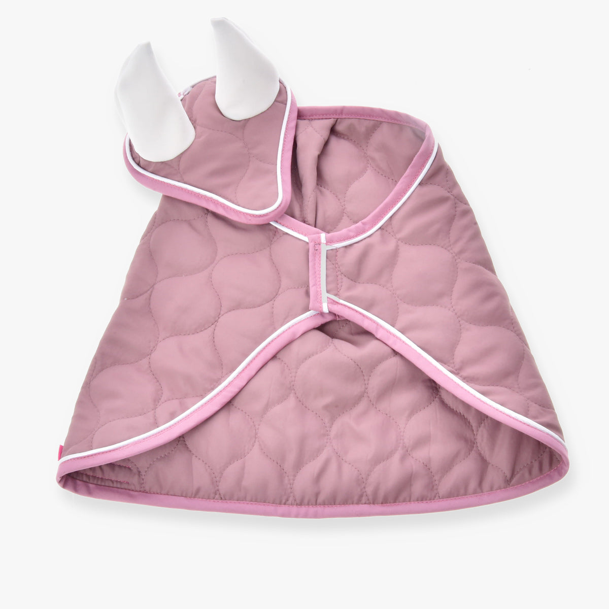 Hobby Horse Set Dusty Rose by LarDen: quilted dusty pink blanket and ear bonnet with white ears and white piping