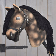 Hobby Horse Stormy with Black Halter by LarDen, a dark brown dappled plush head with a long black yarn mane